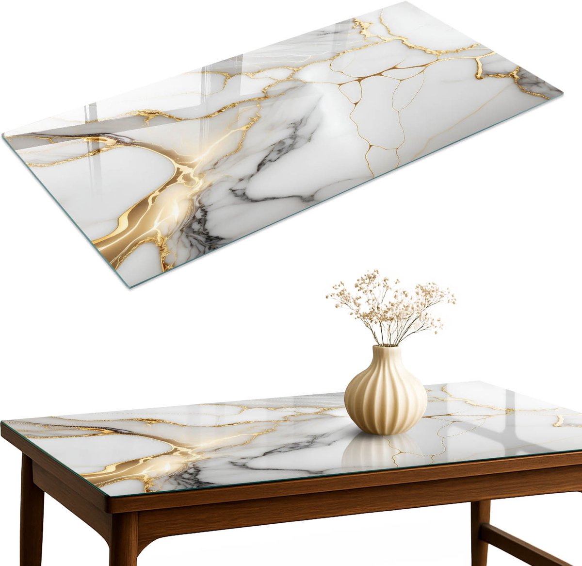 ArtPrintCave Abstract marmer Glazen Tafelblad 120x60 cm - Tafelblad Rechthoek - Wit Glasplaat - Abstractie Terrastafel
