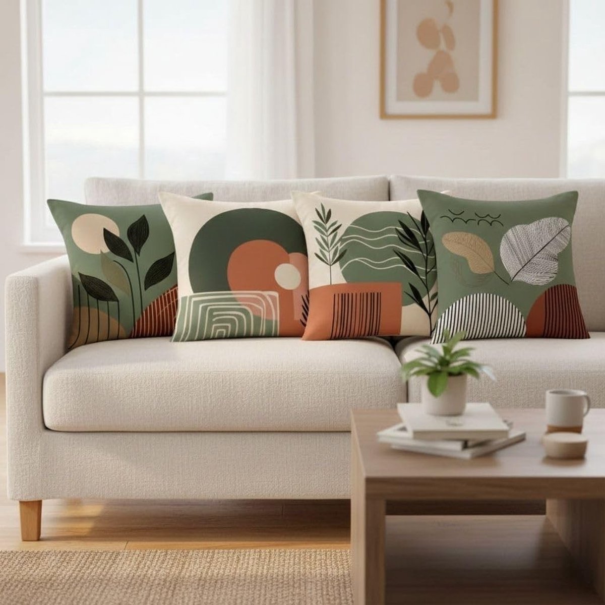 Set van 4 Abstracte Boho Kussenhoezen 45 x 45 cm in Sage Green, Super Zacht en Decoratief voor Sofa en Slaapkamer, Met Verborgen Ritssluiting en Mid Century Modern Design