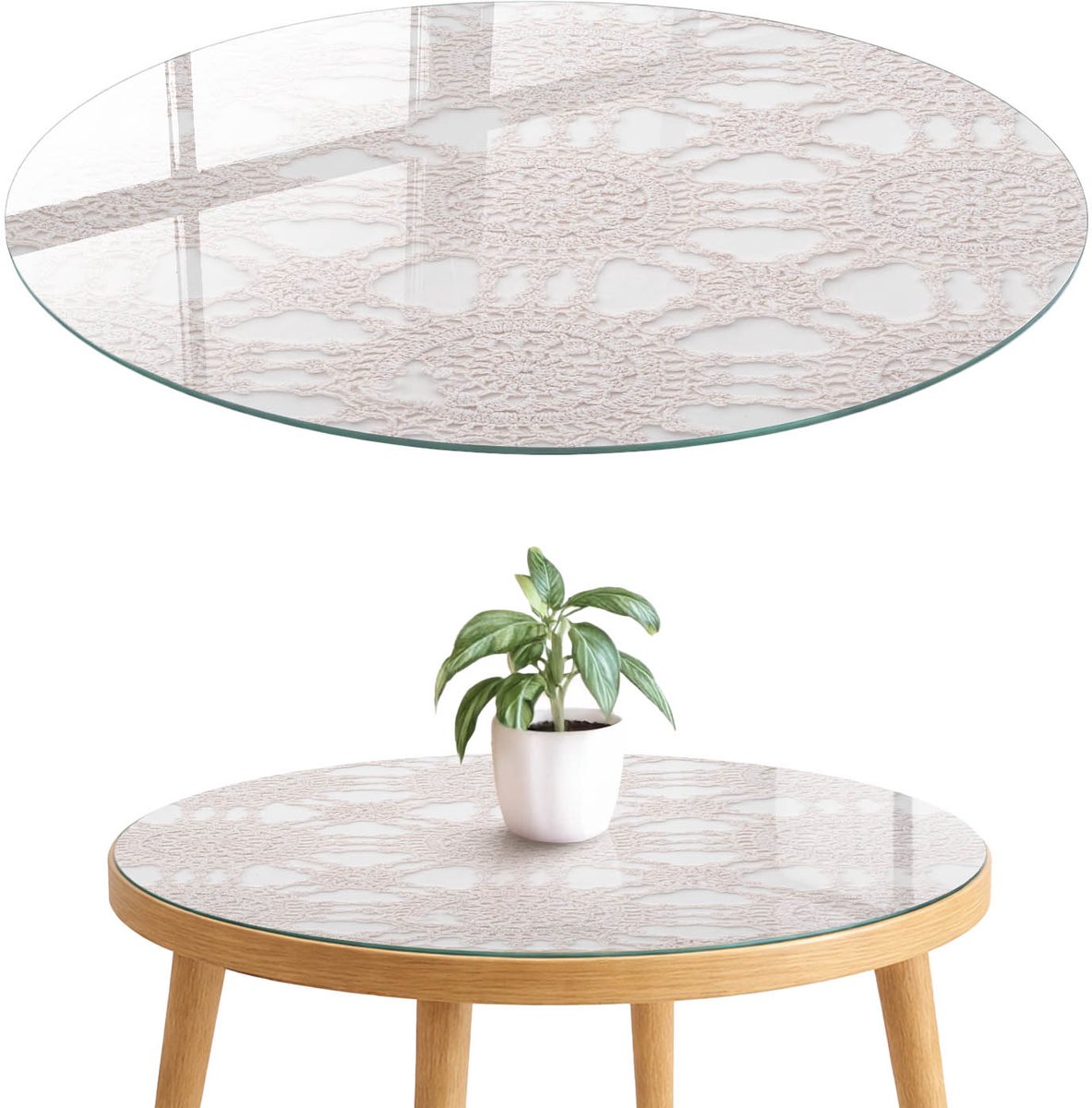 ArtPrintCave Opengewerkte elegantie Glazen Tafelblad fi70 cm - Tafelblad Rond - Wit Terrastafel - Teksten Terrastafel