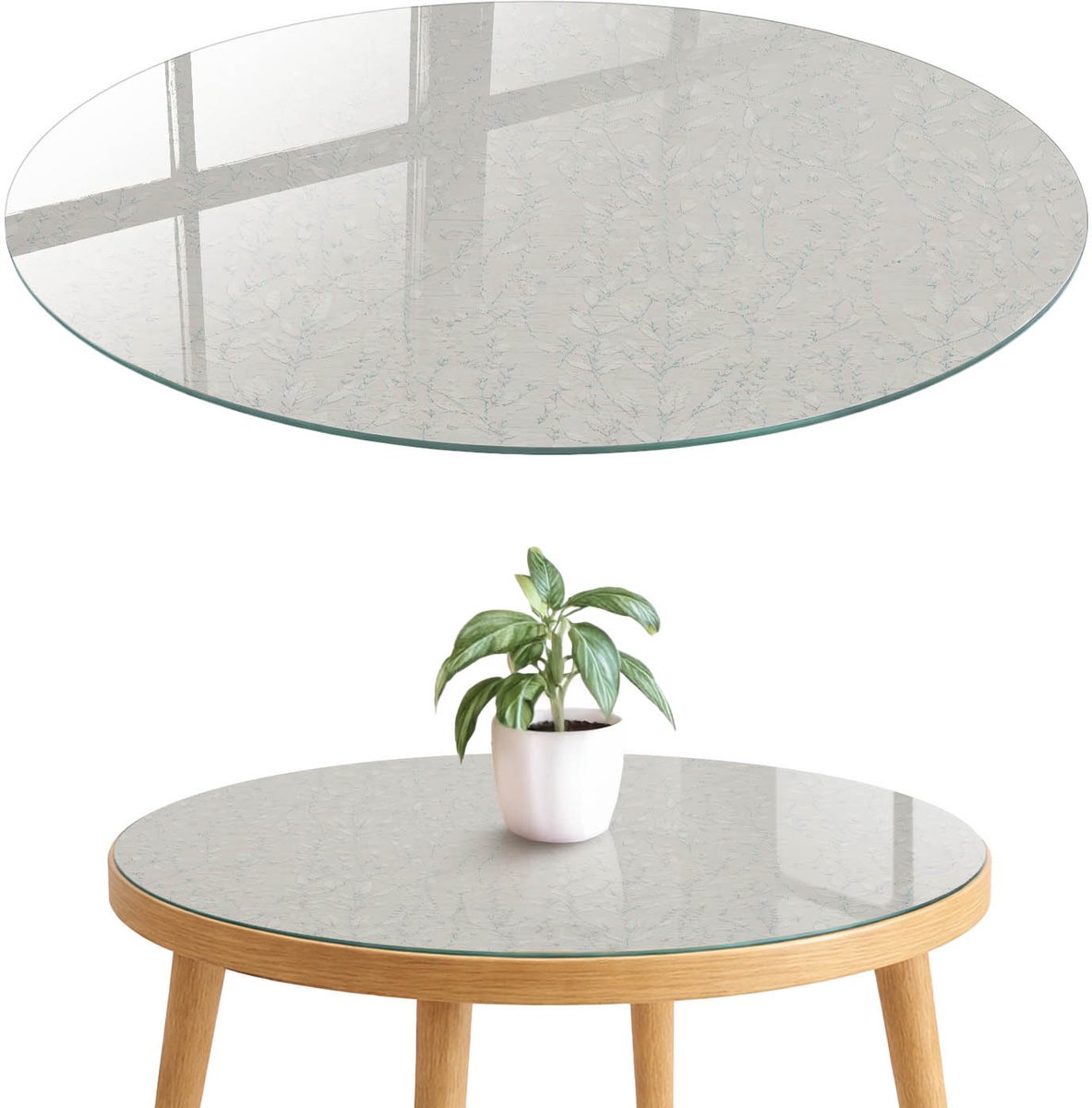 ArtPrintCave Plantenharmonie Glazen Tafelblad fi70 cm - Tafelblad Rond - Wit Tafelblad Glas - Bloemen en planten Keukentafel