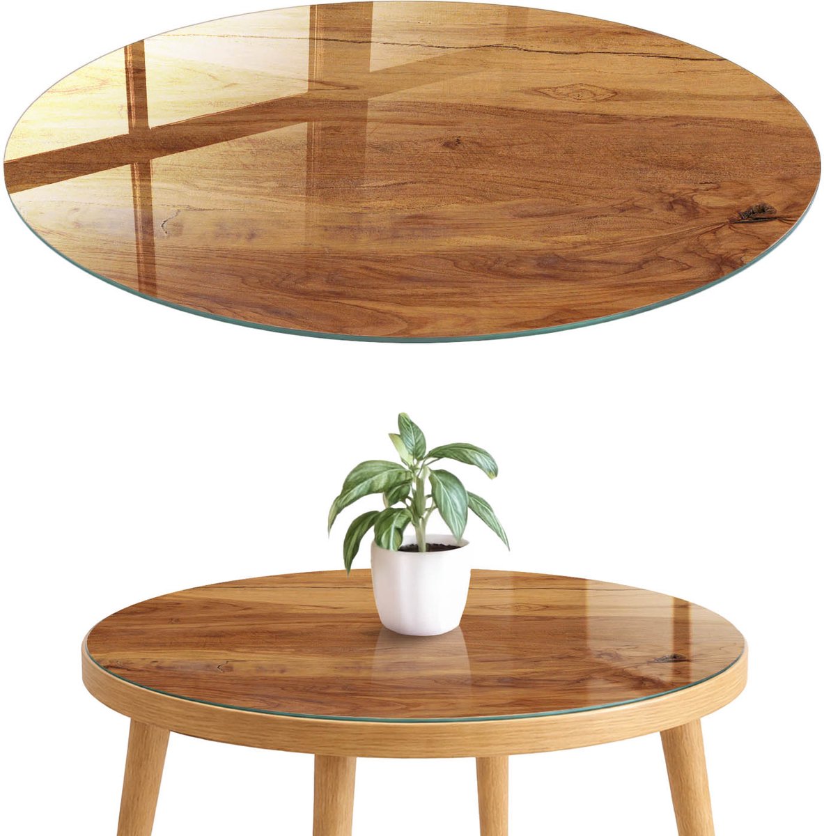 ArtPrintCave Houten ringen Glazen Tafelblad fi70 cm - Tafelblad Rond - Bruin Tafelblad Glas - Natuur Eettafel Met Glasplaat