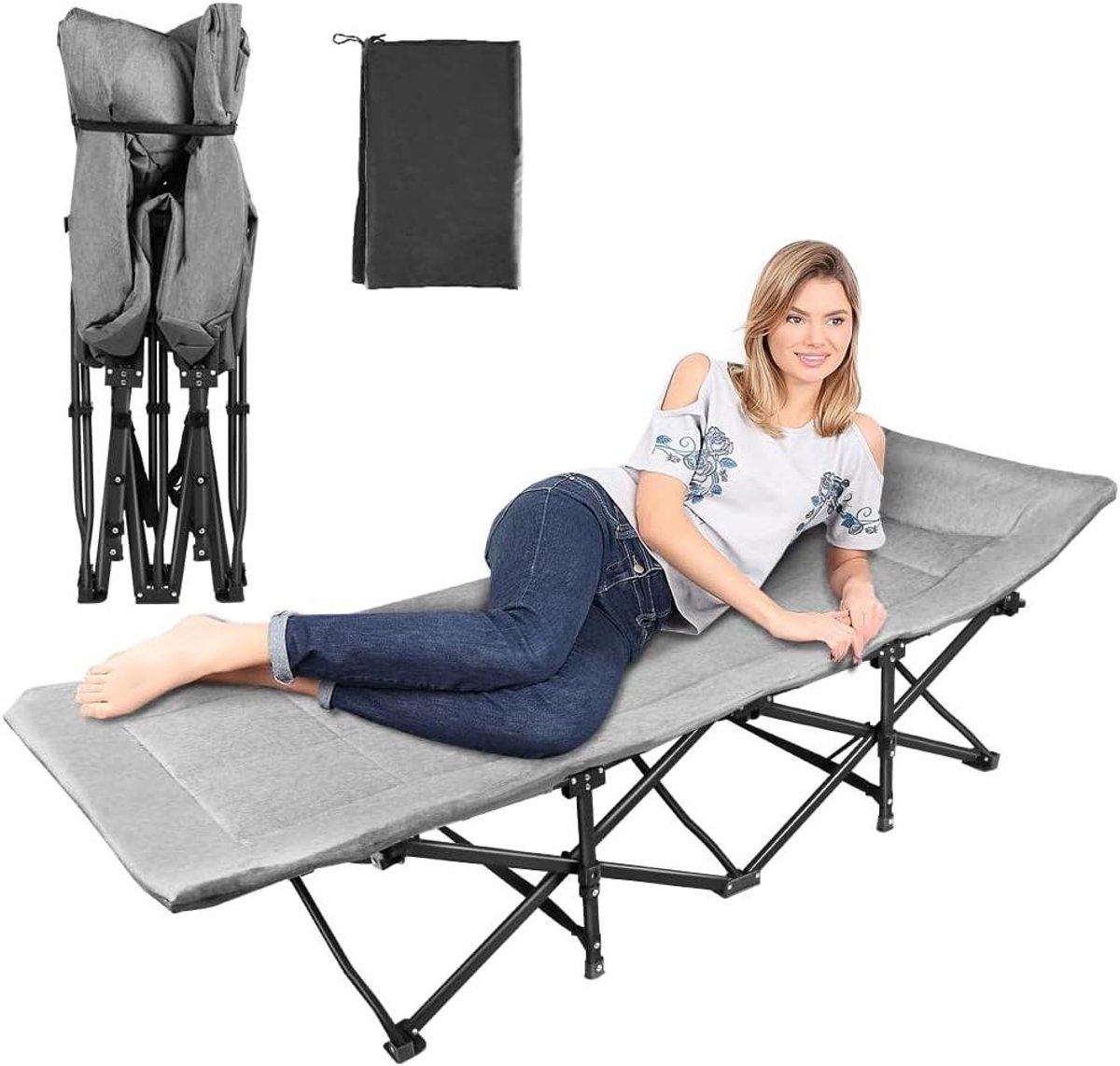 Opklapbed met Matras - Kampeerbed Lounger - Ontspannen Buiten - Verstelbare Rugleuning - 190 cm - Donkerblauw