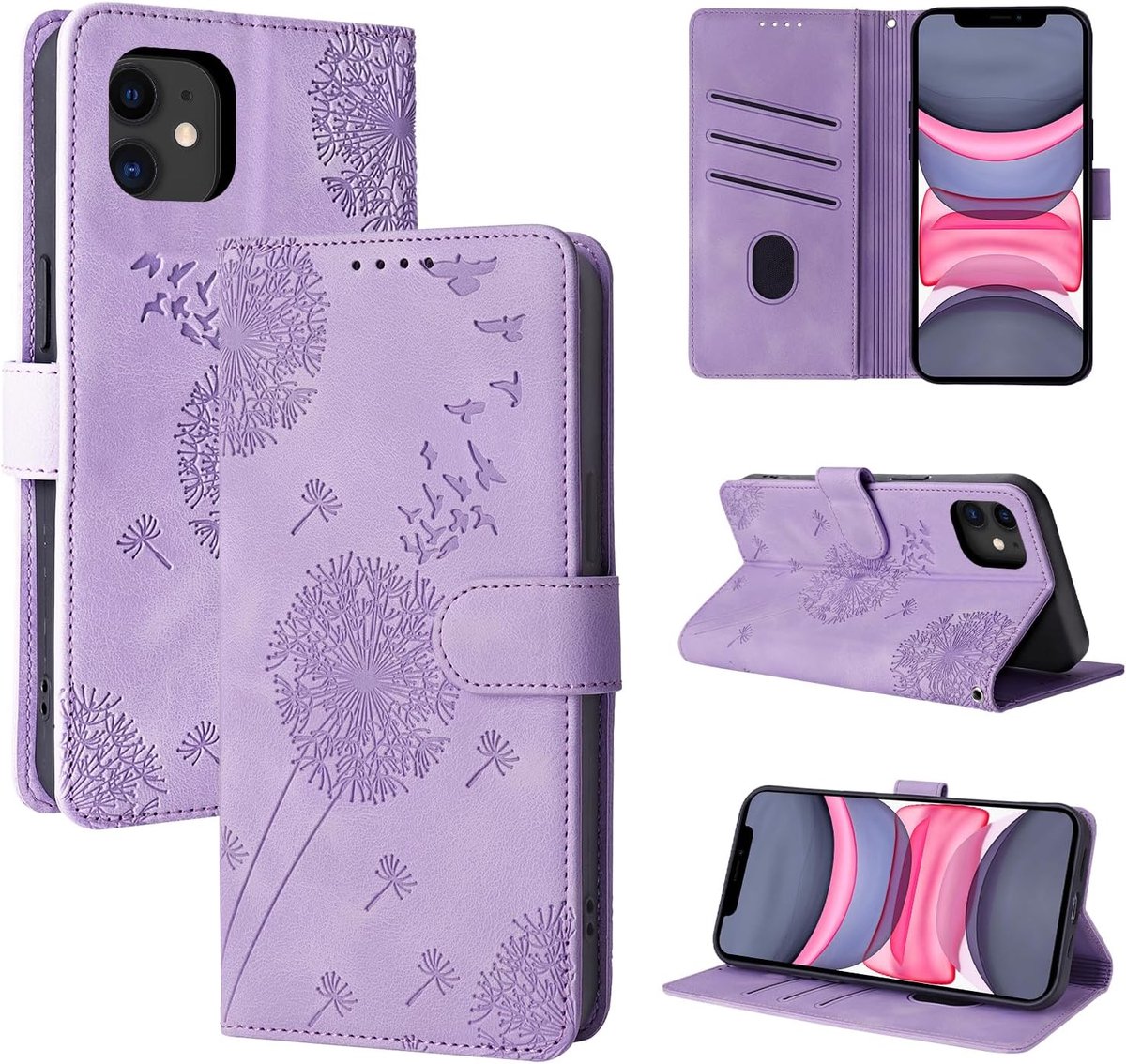 Hoes voor mobiele telefoon voor iPhone 11 - Paardenbloem PU Lederen Flip Case Portefeuille Tas met magneetsluiting - Paars