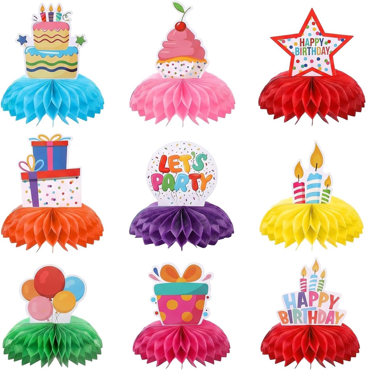 9 Sets Gelukkige Verjaardag Honingraat Tafel Centerpieces Regenboog Papier | Kleurrijke feestdecoraties voor verjaardagstafels evenementen en vieringen