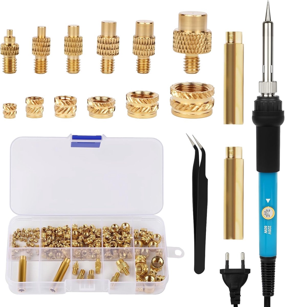 Puntenset, 200-delig, 3D-druk, schroefdraadinzetset met soldeerbout 60 W, smeltmoeren M2-M8, smeltschroefdraadgereedschap, 3D-printeraccessoires voor nauwkeurige