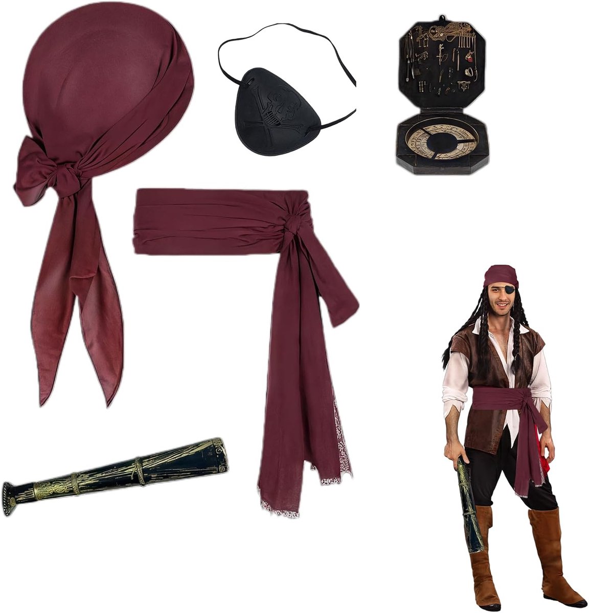 Set voor Volwassenen en Kinderen – 5-delige Set met Kompas, Hoofddoek, Oogmasker, Verrekijker en Riem, Ideaal voor Feestjes en Verkleden, Rood