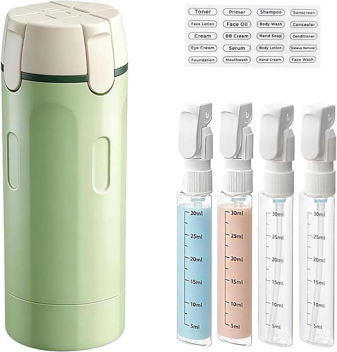 4-in-1 reisdispenserfles, navulbare reisdispenserflessen, reisflessen om te vullen, draagbare siliconen reisflessen voor shampoo, lotion, conditioner, douchegel (groen)