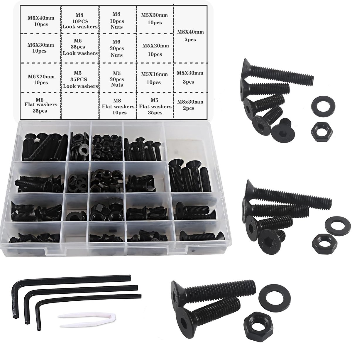 M6 en M8 Schroevenset met bouten en moeren, zwart Hex Socket Head Cap, schroeven- en moerenset, Machinedraadbouten en -moeren, gereedschapsset, assortiment, 310 stukken