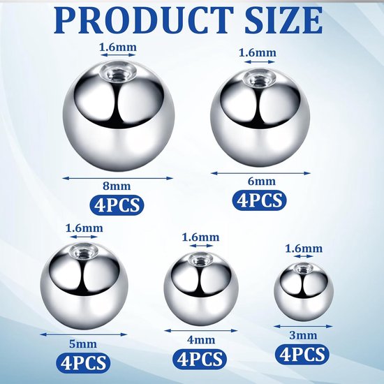 40 stuks zilveren piercingballen (1,2 mm en 1,6 mm), reservekralen, geschikt voor neus-, lip-, wenkbrauw-, navel- en tongpiercings (3/4/5/6/8 mm). — afbeelding 2