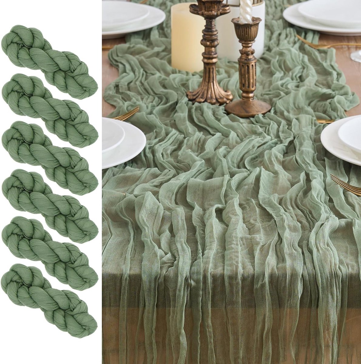 Tafellopers, 2 stuks, kaasdoek, boho-gaas, kaasdoek, rustiek tafelkleed voor bruiloftsdecoratie, tafeldecoratie, 90 x 300 cm (saliegroen, 90 x 300 cm, 6 stuks)