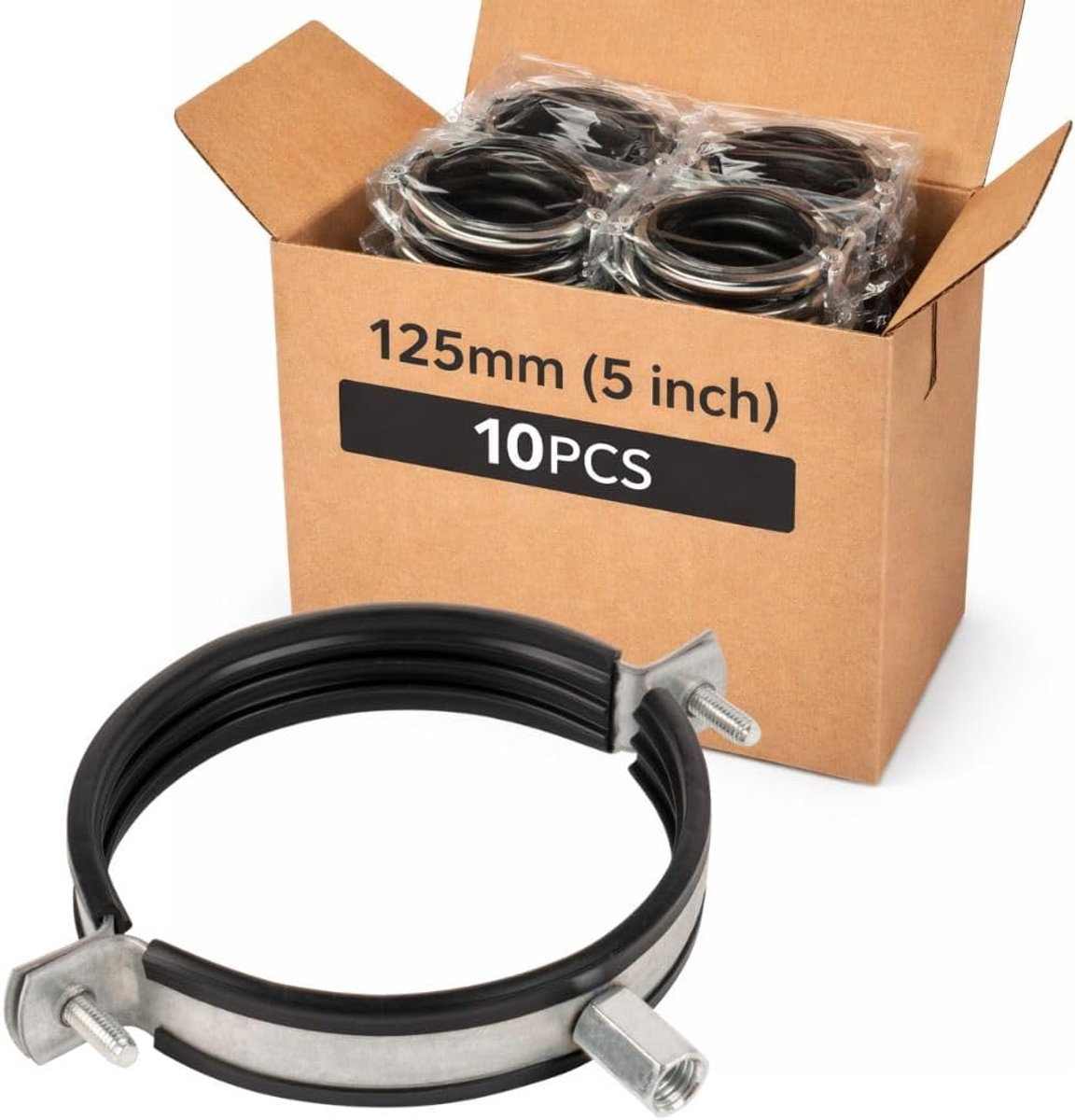 Set van 10 stuks Buisbeugel voor Ventilatiekanaal 125 mm met M8/M10 Schroefdraad – Metalen Beugel met Antivibratie Rubber Inzet – Buisklem voor Ventilatiebuis HVAC