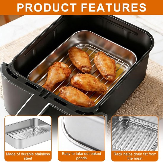 ovenschaal voor airfyer, braadplaat, airfryer-accessoires met frame en beschermgrepen, vierkante pan, heteluchtfriteuse-accessoires, geschikt voor bakken, grillen en braden in de oven — afbeelding 2