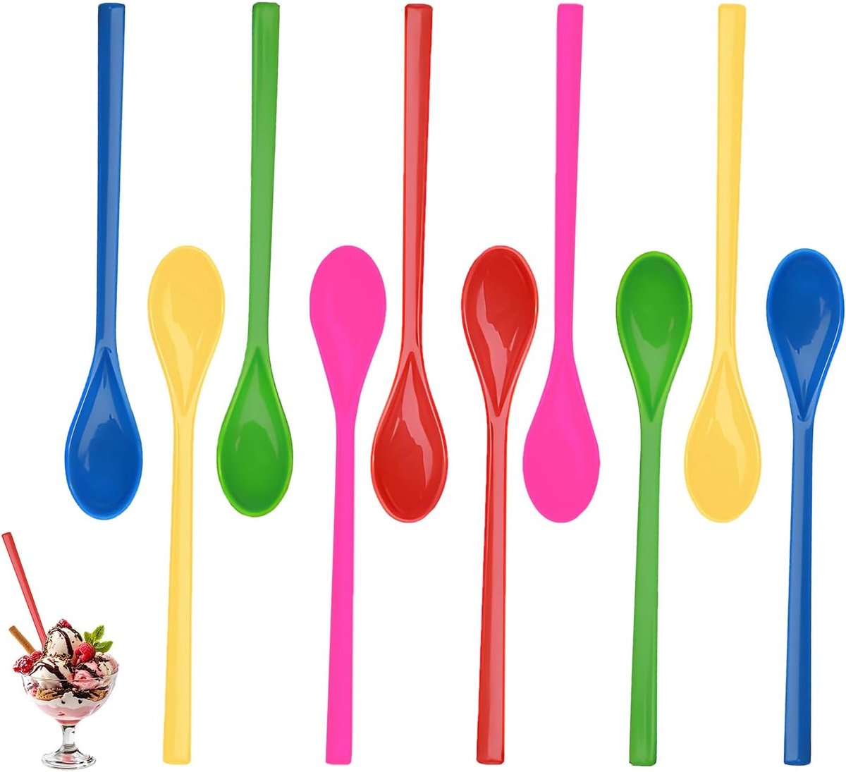 10 stuks lange kleurrijke plastic lepels, plastic lepel, lange steel, kleurrijke ijslepel, lang, kunststof, eierlepel, herbruikbare eierlepel, kunststof, yoghurtlepel, lange mueslilepel, robuuste