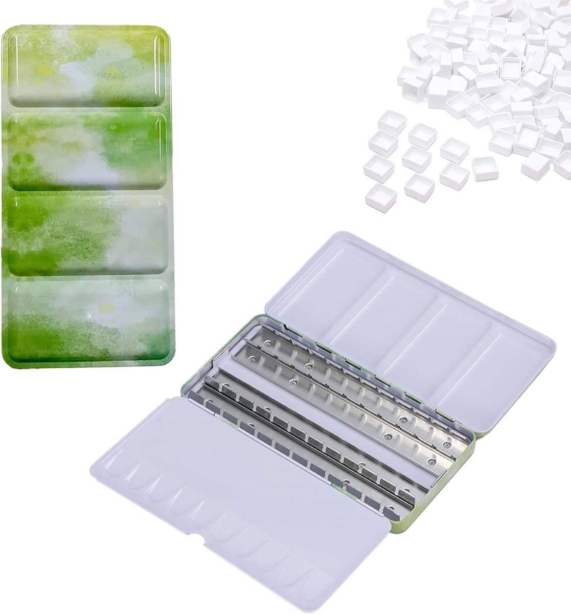 aquarelverfdoos van metaal, met 52 halve bakjes, aquarelverfdoos voor reizen, met mengpalet en duimring, voor doe-het-zelf kunst, aquarelverf, waterverfdoos en creatief schilderen, groen