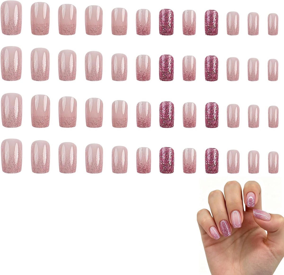 48 stuks roze glitter press on nagels, nagels om op te plakken, creatieve nepnagels, elegante kunstnagels, herbruikbare kunstnagels om op te plakken, voor vrouwen