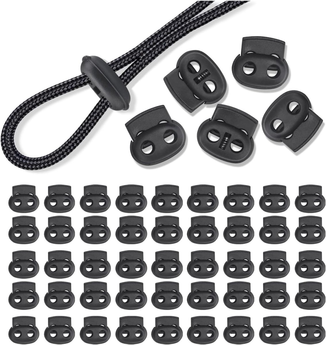 200 Stuks Zwart PP Spring Cord Lock voor Drawstrings, Dubbele Gat Cord Stopper, Hoodie String Stoppers Bevestigingen, Slider Toggle Clip