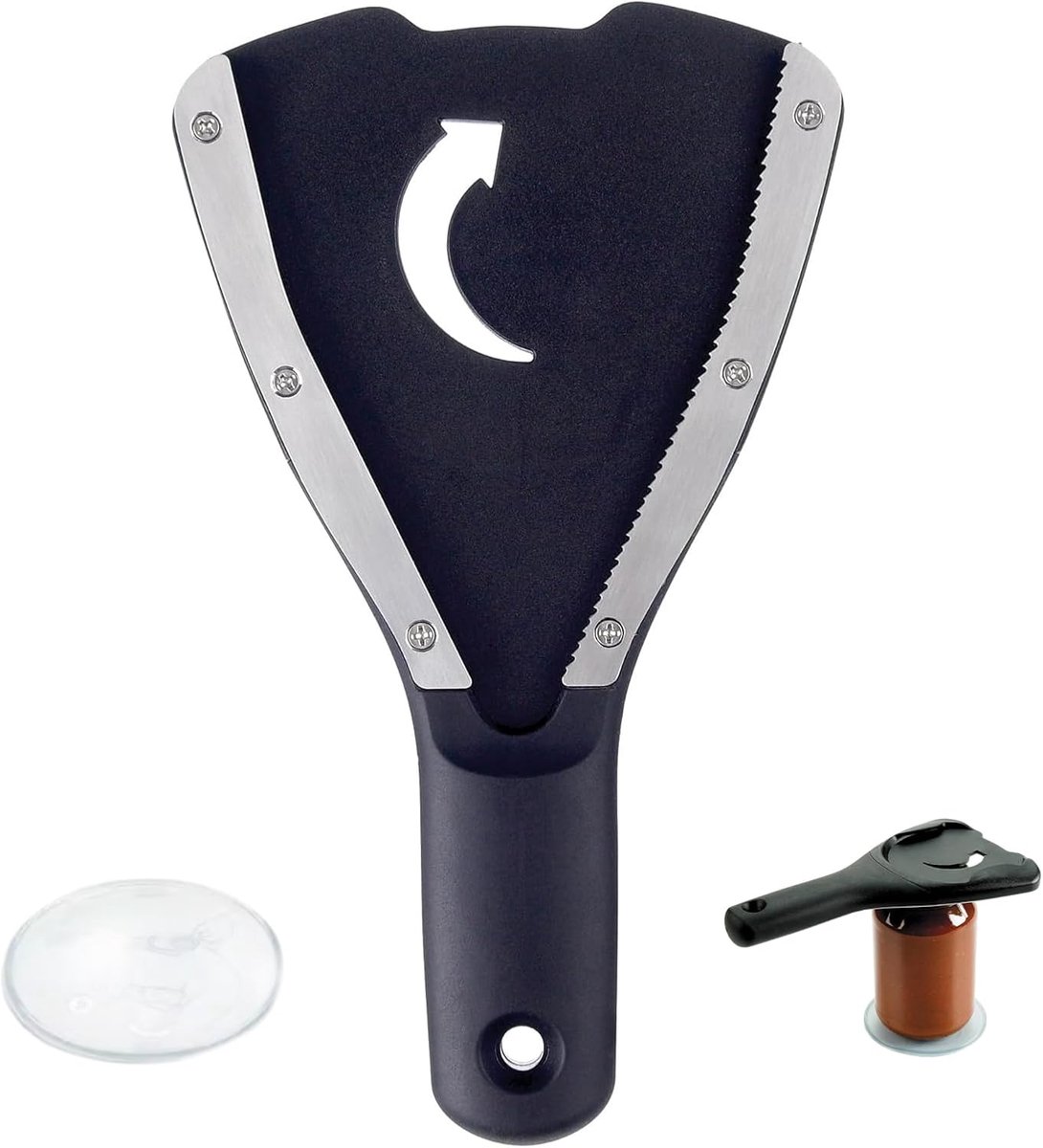 Pot- en flesopener, multifunctionele potopener met antislip handgreep en scherpe roestvrijstalen tanden, voor het moeiteloos openen van conserven en schroefflessen