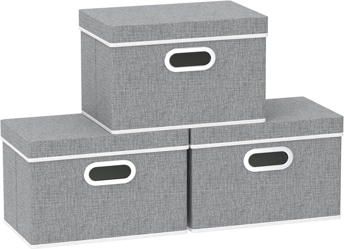 Opbergdozen met Deksel, Opvouwbare Opbergdoos, Stoffen Dozen, Wasbaar, voor Slaapkamer, Kledingopbergvak, 38x25x25cm, Grijs, 3-Pak, SNK023GL-3