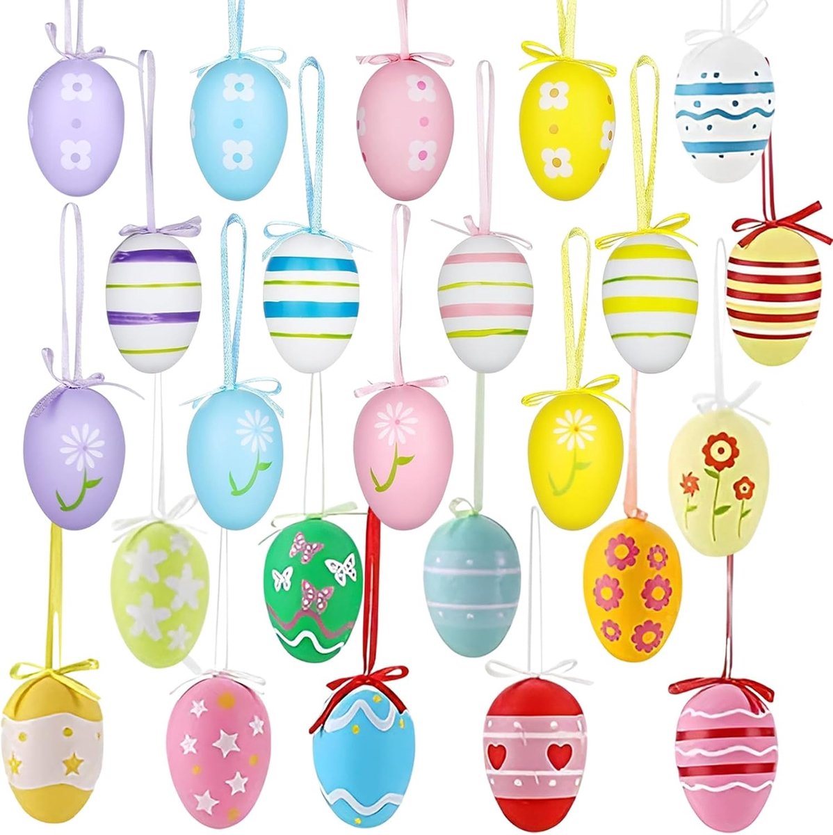 Paaseieren om op te hangen, 24 stuks 6 cm paaseieren, plastic, groot, Pasen, knutselen, decoratie voor kinderen, buiten, met zijden lint voor paasdecoratie