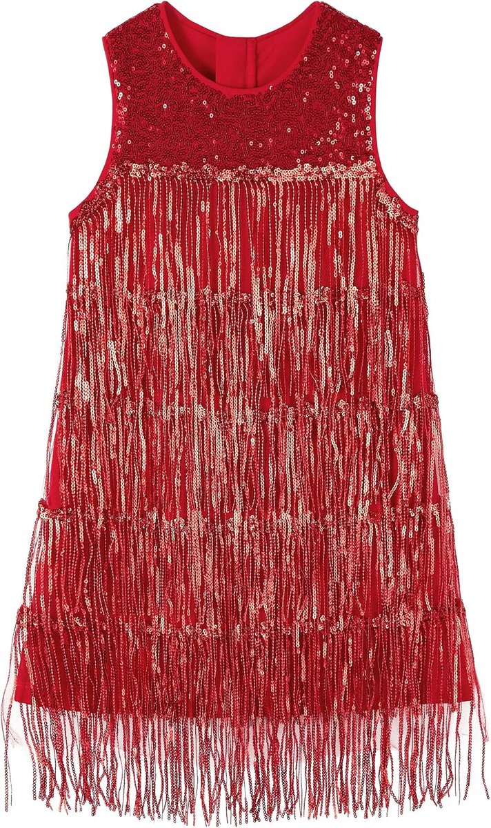 Jurk met pailletten en kwastjes voor meisjes, glanzend, carnaval, jurk met pailletten, mouwloos, vintage, jaren 20 met franjes, feestjurk