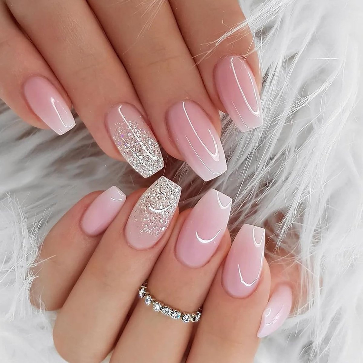 24er Set Press-On-nagels middel, roze glitter vierkant Frans, kunstmatige acryl nagels, zelfklevende met lijm en stickers voor dames en meisjes