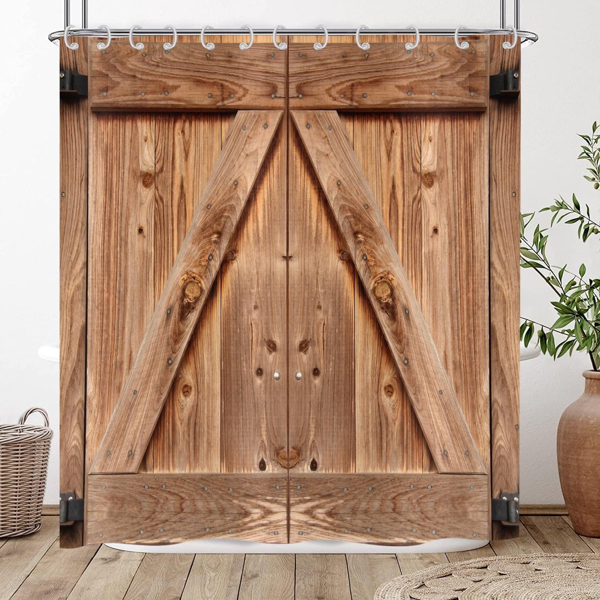 douchegordijn, boerderij houten garage schuur deur douchegordijnen bruin land vintage kunstwerk badkamer gordijnen waterdichte polyester stof wasbare badgordijnen met haken 120 x 200