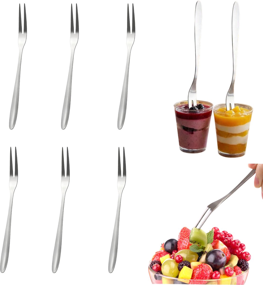 6 stuks - Fruitvork - Roestvrijstalen fruitvork - Tweepuntige vork - Dessertvork - Taartvork - 13 cm x 1 cm - Zilver - Geschikt voor bakkerijen, restaurants en privégebruik