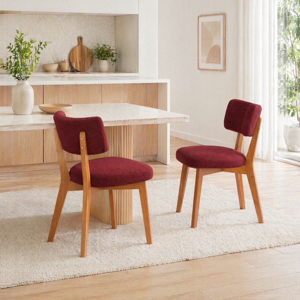 REDOM - Eetkamerstoel - Set van 2 - Gestoffeerde zitting en rugleuning - Vierpotig houten onderstel - Mid-century stijl - Woonkamer en eetkamer - Wijnrood - 54,5 x 47 x 77 cm