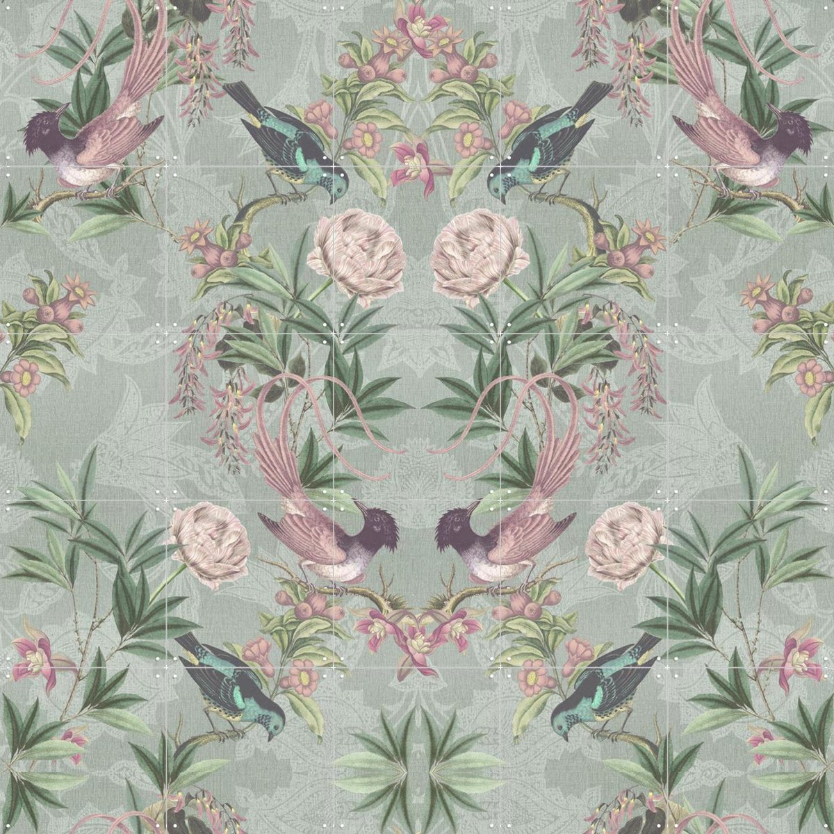 IXXI Rococo Birds and Flowers, Bloomery Decor - 100 x 100 cm - Gratis ophangtool - Grote wanddecoratie en posters - Art Nouveau, Retro, Decoratieve
