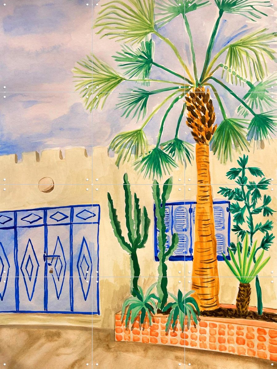 IXXI Morrocan Street, Palmartprints - 60 x 80 cm - Gratis ophangtool - Grote wanddecoratie en posters - Kwaststreken, Aquarel, Kleurrijk, Woonkamer