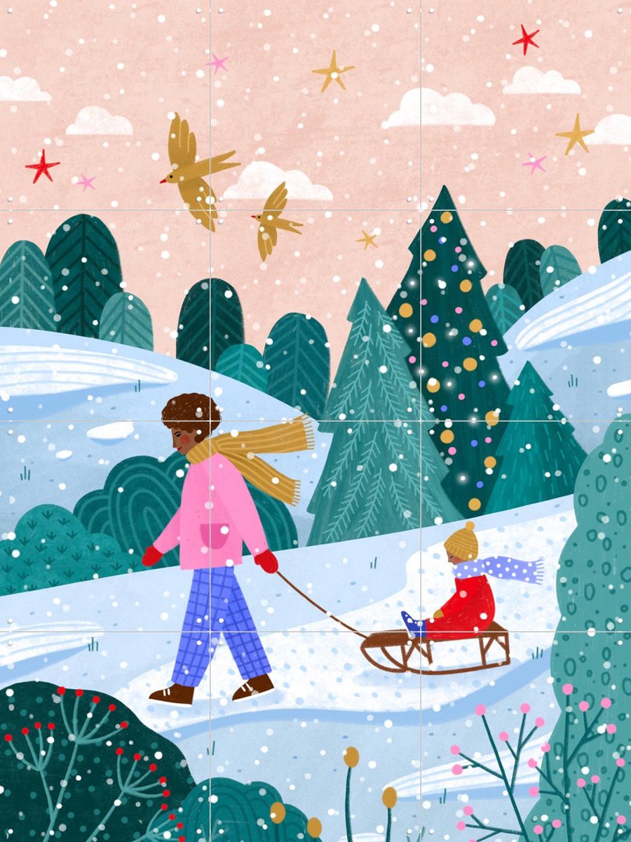 IXXI Snowy Sledge Walk, Bea Müller & Various - 60 x 80 cm - Gratis ophangtool - Grote wanddecoratie en posters - Fantasierijk, Kleurrijk, Speels
