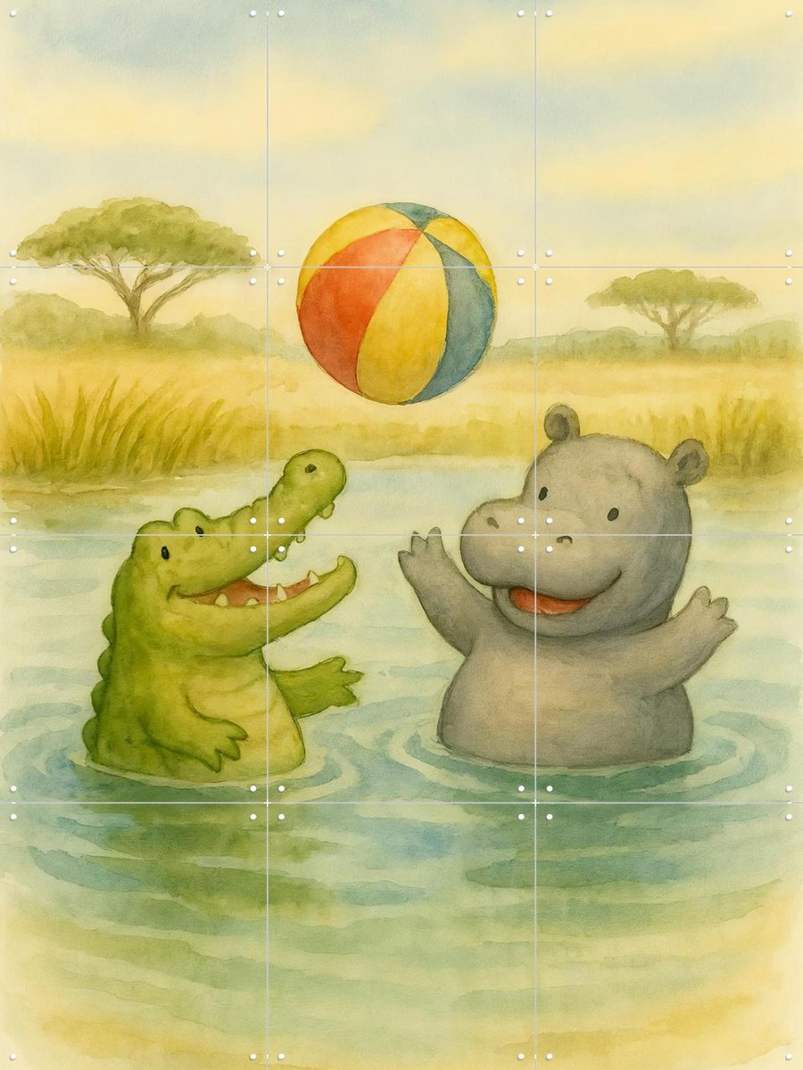 IXXI Nijlpaard en Krokodil Spelen Bal, Natalie Bruns - 60 x 80 cm - Gratis ophangtool - Grote wanddecoratie en posters - Kleurrijk, Fantasierijk