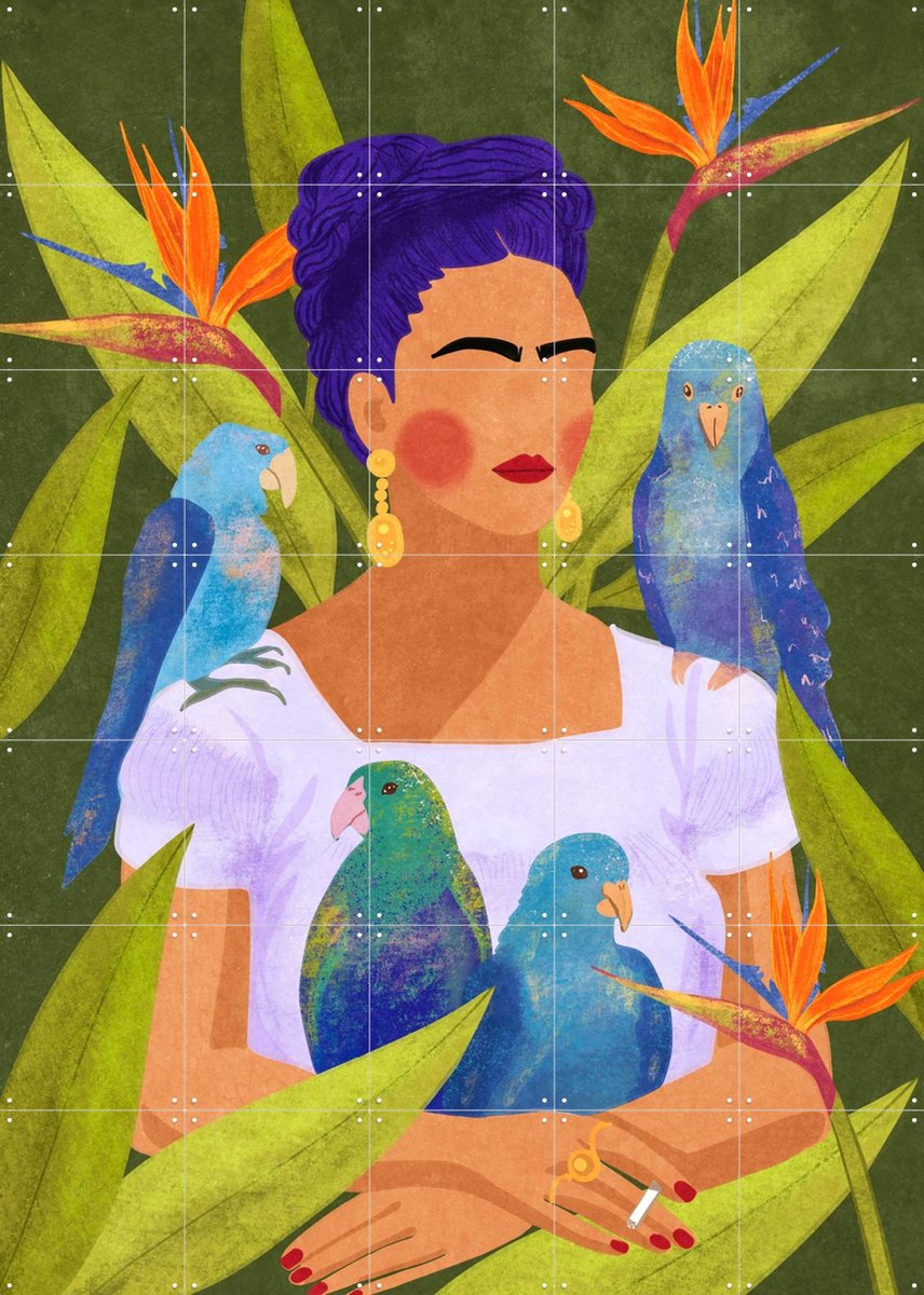 IXXI Frida And Birds, Raissa Oltmanns - 100 x 140 cm - Gratis ophangtool - Grote wanddecoratie en posters - Fantasierijk, Digitale Kunst, Pop art