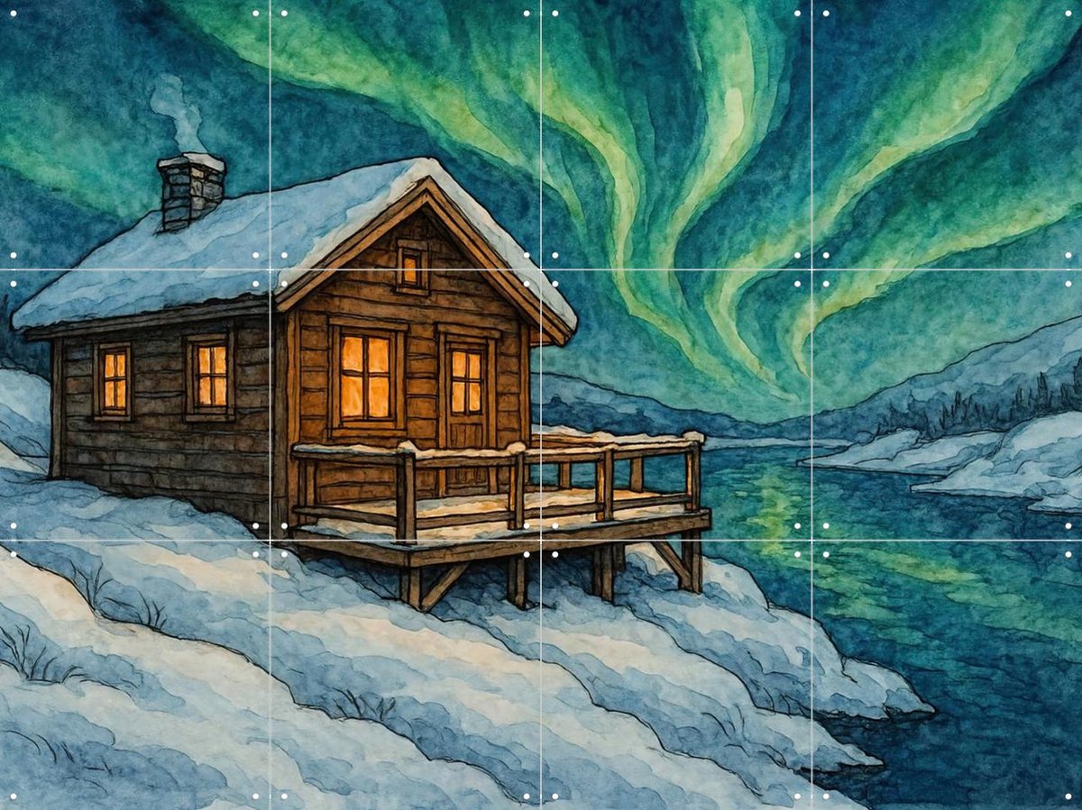 IXXI Houten Huisje Onder Het Noorderlicht, Natalie Bruns - 80 x 60 cm - Gratis ophangtool - Grote wanddecoratie en posters - Kleurrijk, Aquarel