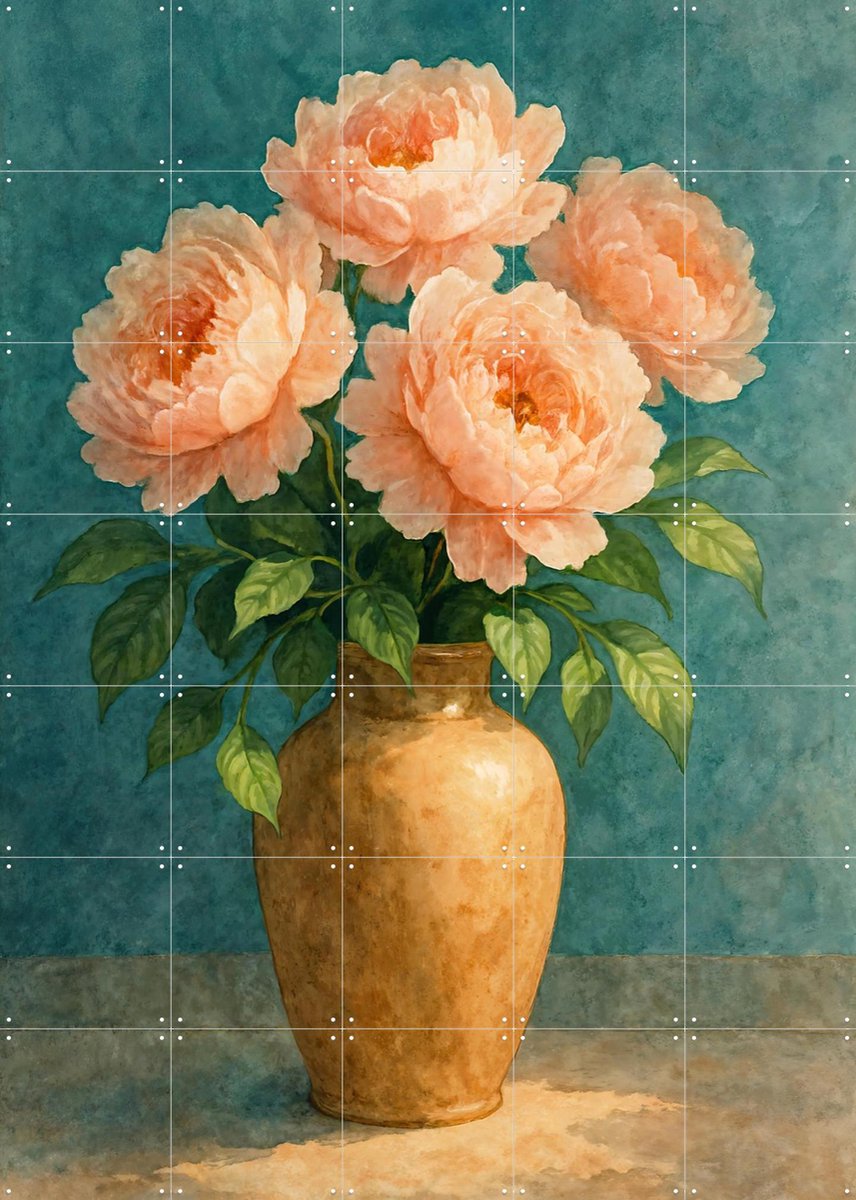 IXXI Aardewerk Vaas met Roze Pioenrozen, Natalie Bruns - 100 x 140 cm - Gratis ophangtool - Grote wanddecoratie en posters Slaapkamer, Woonkamer