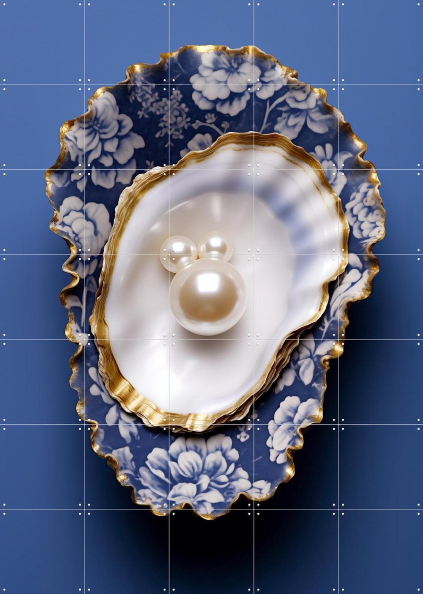 IXXI Delft Blue Flower Pattern Oyster with Gold and Pearls, OTTI - 100 x 140 cm - Gratis ophangtool - Grote wanddecoratie en posters - Klassiek