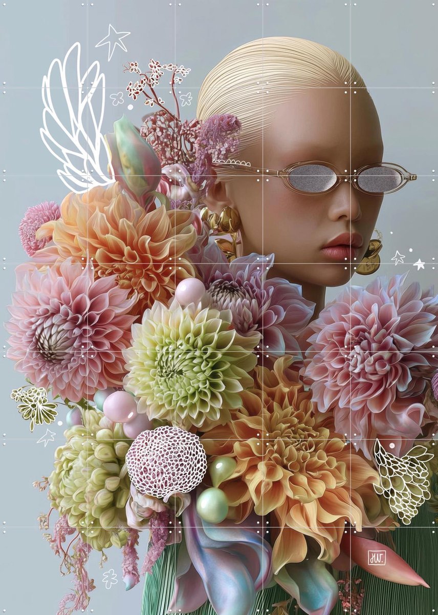 IXXI Floral Electric, Henriette Visscher - 100 x 140 cm - Gratis ophangtool - Grote wanddecoratie en posters - Gemengde Technieken, Slaapkamer