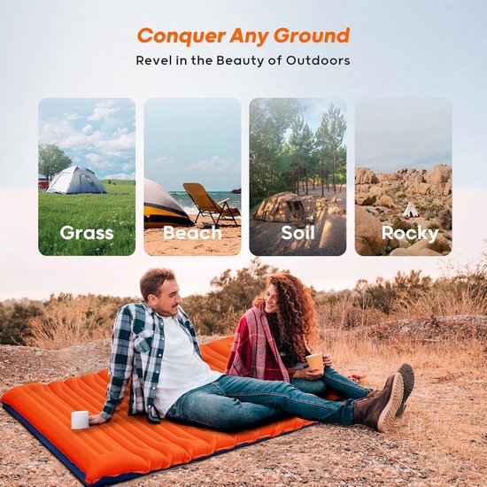 Opblaasbare Slaapmat - Kampeer matras - Buiten slapen - Ingebouwde voetpomp - Dubbel 10 cm dik - Oranje Blauw — afbeelding 2