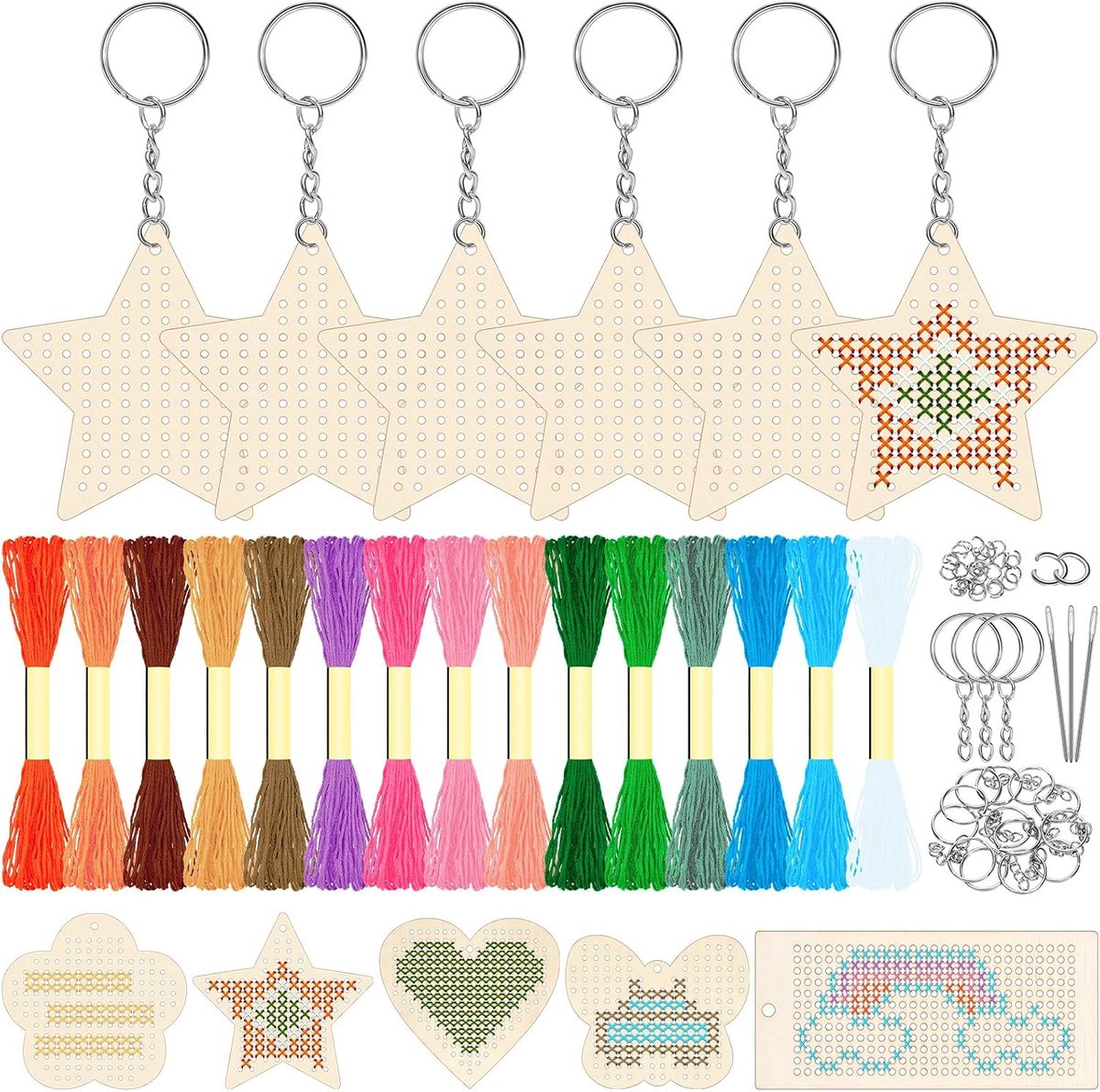 64 stuks houten kruissteekkit met sterren, houten kruissteeksleutelhangers, knutselset voor kruissteek, houten draadsnijsets voor decoratiebenodigdheden, kunsthandwerk