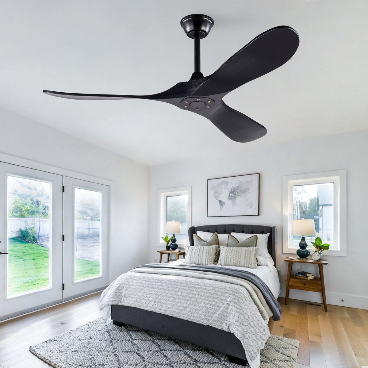 Moderne plafondventilator 52 inch zwart - 6 snelheden met omkeerbare draairichting - met afstandsbediening - snelheidsgeheugen - 3 massief houten bladen - zonder verlichting – foto 7