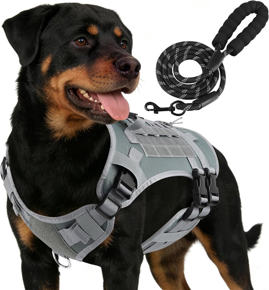 Zwaar uitgevoerde tactische hondenharnas en riemset voor kleine honden, anti-trek, verstelbaar huisdierharnas met 2 riemclips en eenvoudige handgreep voor training of wandelen, S (grijs)