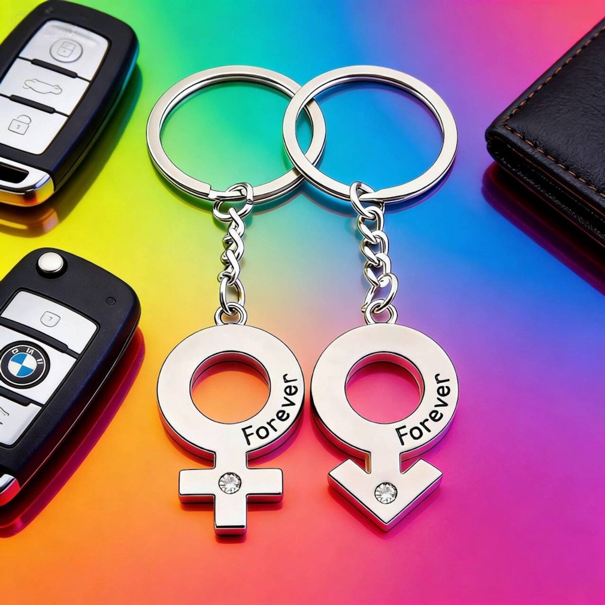 Decopatent - Premium Keychain - Forever Koppels Sleutelhanger Set - 2 Sleutelhangers - Man & Vrouw Symbool - Met Strass Steentje - Metalen Liefdes Sleutelhangers - Zilverkleurig - Cadeau voor Koppels