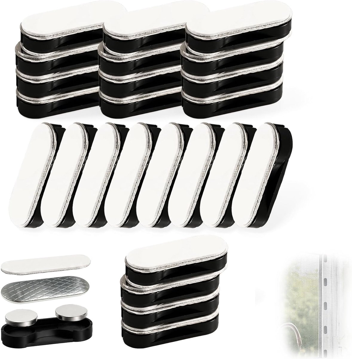 24 magnetische gordijnsluitingen, zelfklevend, vliegengaas, zonder boren | 24 paar sterke magneten, roestvrij staal + ABS, zelfklevend, zonder boren, voor ramen, deuren, balkon, herbruikbaar