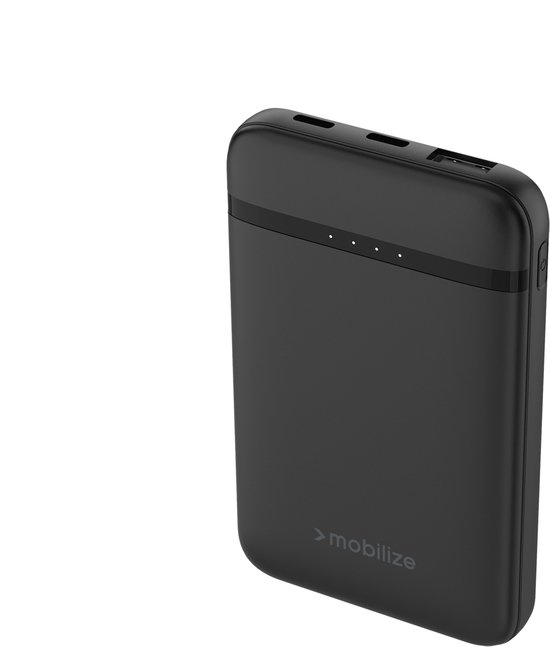 Zwarte Mobilize powerbank met 4 LED-indicatoren en het Mobilize logo.