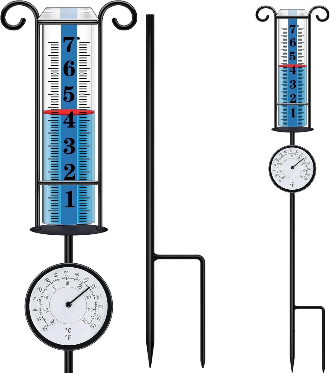 Regenmeter met Thermometer - Transparant - 28 inch - Duurzame Plastic Buis met Metalen Paal - Voor Tuinliefhebbers