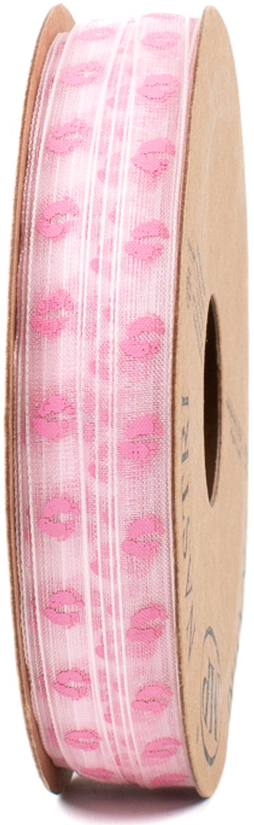 Organzalint - cadeaulint - 6 mm x 25 meter - roze - babyvoetjes