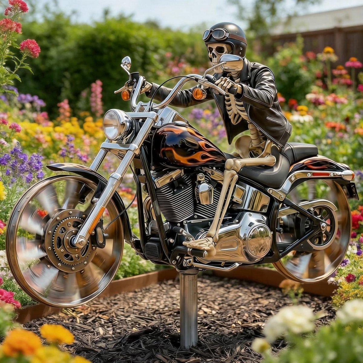 2D skelet motorfiets windgong, skelet rider windmolen metaal, draait in de wind, decoratieve grondsteker, voor terras, binnenplaats, tuin, unieke harssculpturen, ornament, cadeau voor vrienden