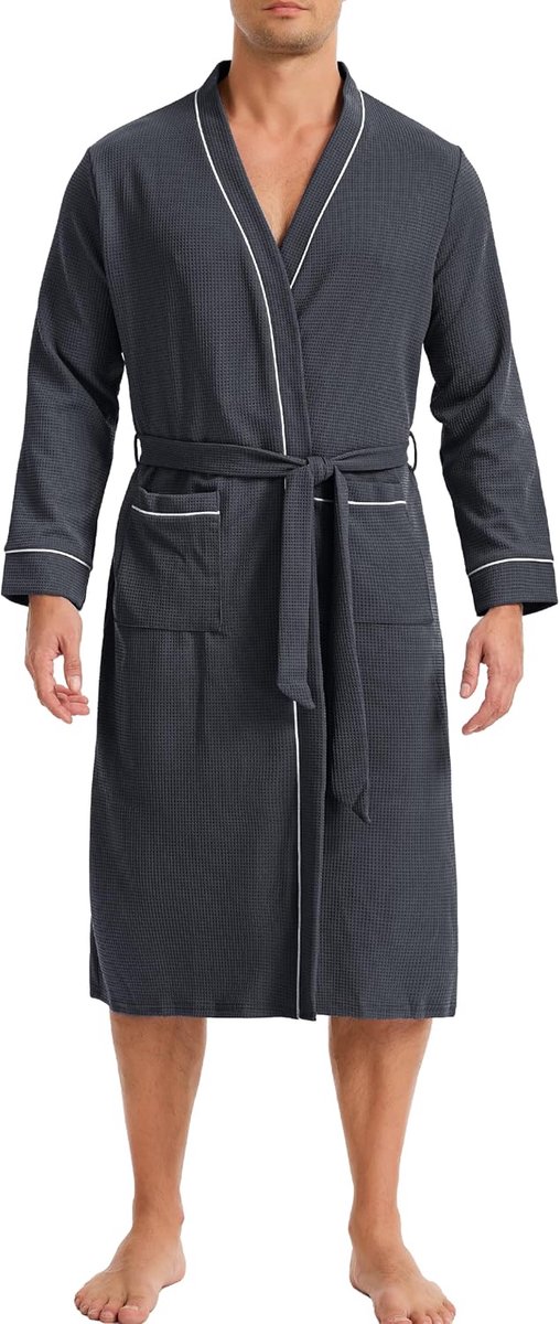 Badjas voor heren, katoen, kimono, licht, badjas van wafelpatroon, lange mouwen, zacht en comfortabel, knielengte, loungewear, V-hals met riem