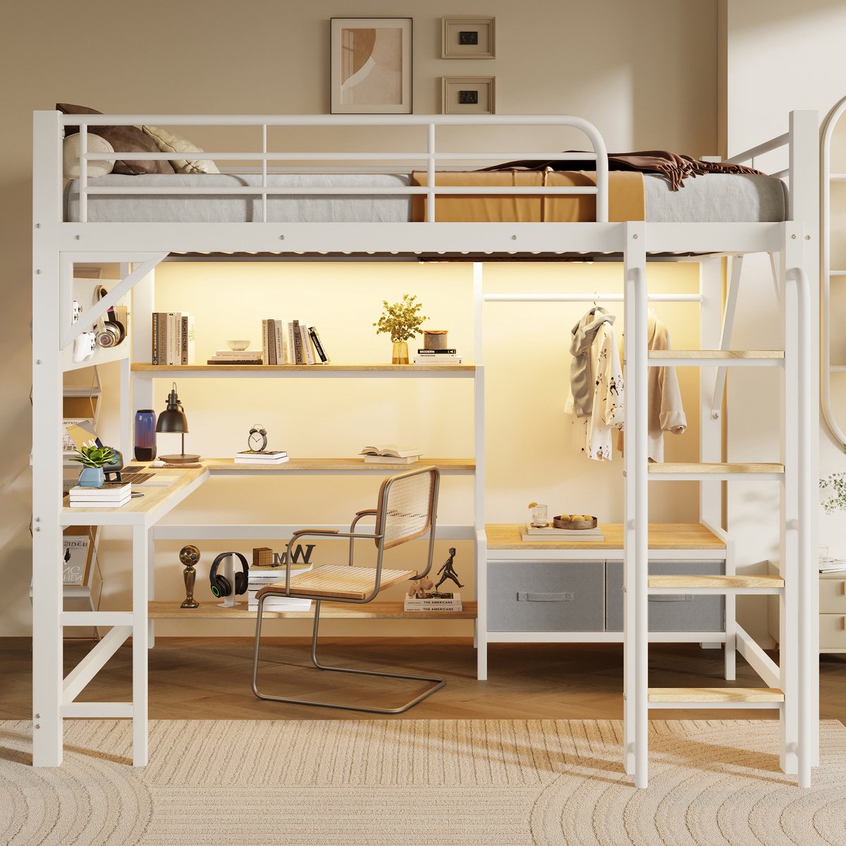 VVBV-Hoogslaper 140x200 cm met Bureau-LED-verlichting-USB-Opbergplanken en Stoffen Laden - Wit Metalen Frame