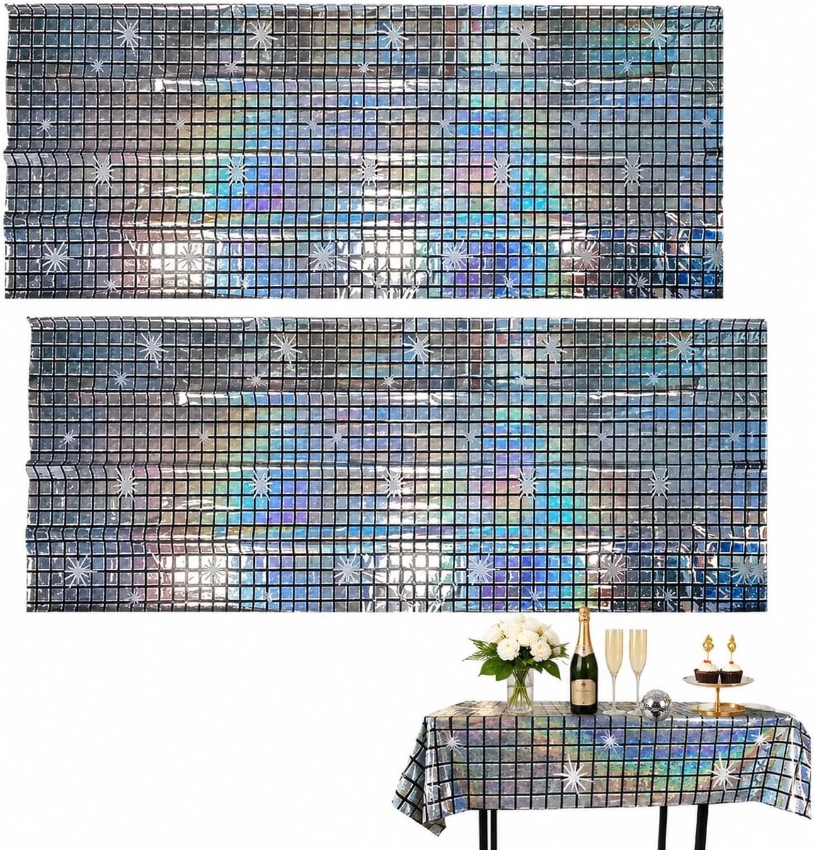 Tafelloper Set – 2 Stuks Disco Tafeldecoratie 100x200cm – Zilveren Spiegel Tafelkleden met Pailletten – Retro Jaren 70/80 Stijl voor Verjaardag, Bruidsdouche, Feest of Thema Party